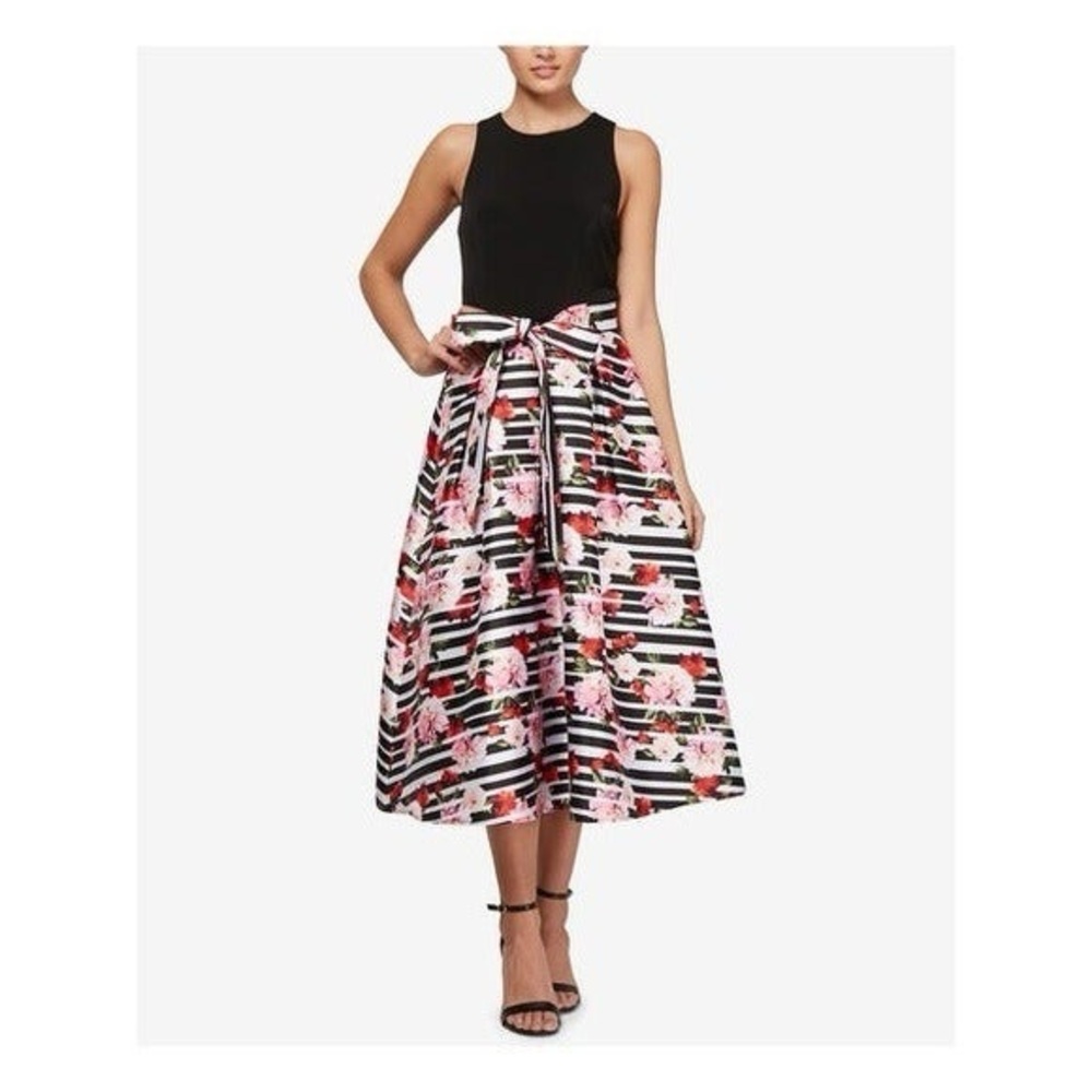 SLNY Black and White Midi A-Line Skirt Tie Front